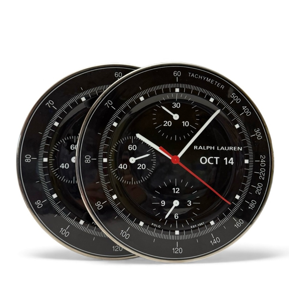 Vintage 1997 Ralph Lauren Tachymeter Watch Face Porcelain Plate Set of 2 Black